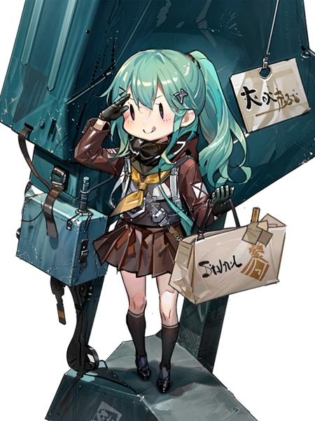 fairy \(kancolle\), 1girl, solo, suzuya \(kancolle\), ponytail, salute, tongue out, tongue, skirt, gloves, hairclip, long hair, alternate hairstyle, brown skirt, chibi, white background, pleated skirt, simple background, hair ornament, green hair, aqua hair, school uniform, | |, alternate costume, brown gloves, smile, full body, original, intricate detail, illustration, masterpiece, extremely detailed CG unity 8k wallpaper, highlight, sharpening, dynamic, <lora:Fairy-3:1>