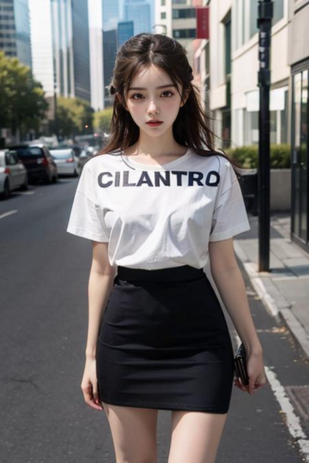 1girl,white t-shirt,office,ss pencil skirt,standing, ,outdoors,short skirt,  <lora:ss pencil skirt:0.7>