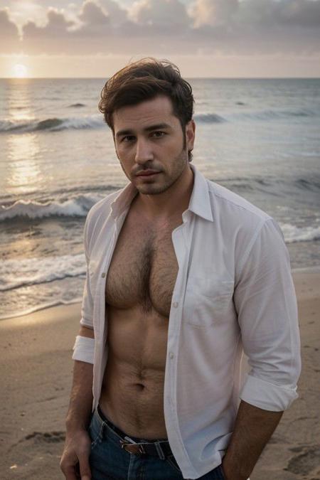 masterpiece, best quality, highres, portrait of a man at the beach, ((wide angle)) male focus, solo focus, 30 year old, hairy, manly, fully unbuttoned white shirt, exposed chest, ocean in the distance, sunset, romantic, looking at the viewer, incredible composition, HDR, volumetric lighting, <lora:add_detail:1>
