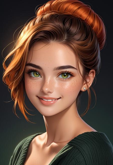 A solo portrait of a cute, smiling young woman (19 years old) with brown hair styled in a single bun, looking directly at the viewer, cleavage, busty, She has a warm grin, showing her teeth, with delicate freckles across her cheeks. Wearing an off-shoulder top that highlights her collarbone and cleavage. Her green eyes and natural lips add to an old-fashioned model's charm, styled as a cinematic fashion magazine shot. The background is a dark gradient blending from red to orange. Ultra-detailed, digital painting, upper body, in 8K UHD resolution, highly detailed skin texture with visible pores and glossy eyes. Studio lighting with soft red and orange hues