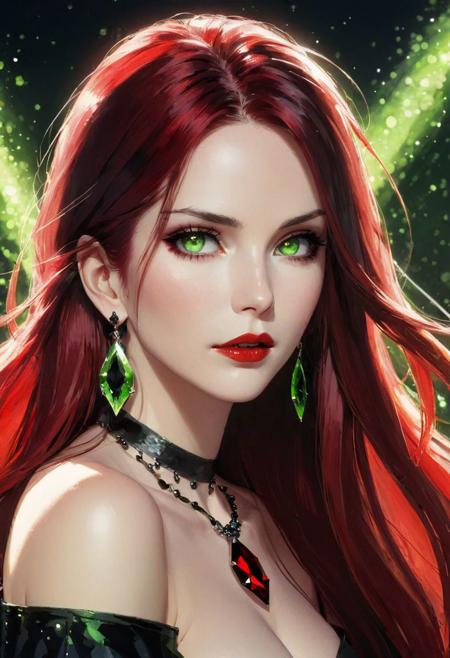 1 girl, solo, beautiful mature women, beautiful women, detailed face, (white skin:1.2), bare shoulder, blushing, (red and black fading long hair:1.2), light green eyes, dark lipstick, dark eyeliner, large ring shaped earing, serious look, ((oil paint texture)), black and red, dark colors, illustration anime, black crystals
