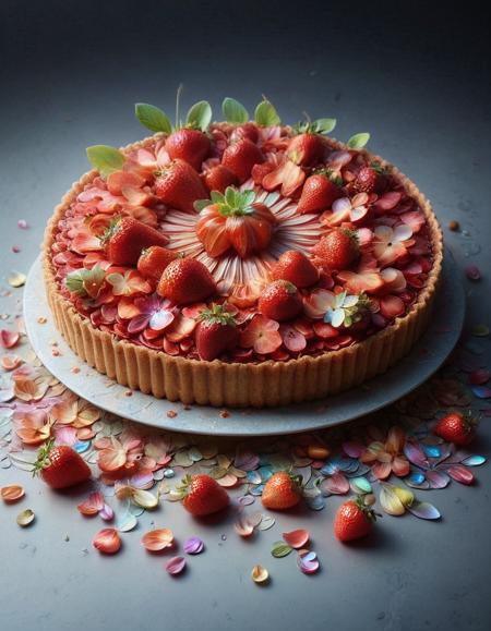 strawberry tart, p1nk1r1fl0wers, made out of iridescent flower petals, high quality, masterpiece <lora:PinkieIriFlwrsSDXL:1>