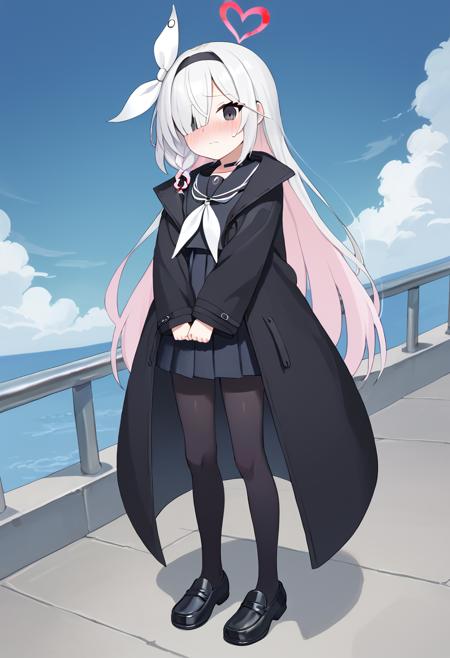 plana \(blue archive\) black eyes,long hair, white hair,braid,bow hairband,halo,choker,black serafuku,sailor collar,black long coat,skirt, black pantyhose,black loafers plana \(blue archive\), black eyes,long hair, white hair,braid,bow hairband,heart halo,black swimsuit,(frilled bikini:1.2),blue sky ,bare arms ,bare legs heart halo