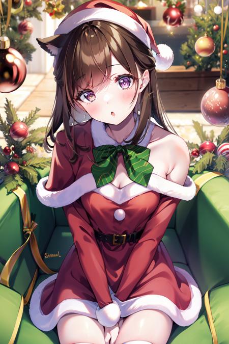 -Shino amagi OL, multiple girls, 2girls, christmas, brown hair, purple eyes, hat, pantyhose, dress, santa hat, red dress, looking at viewer, long hair, smile, yellow eyes, merry christmas, blush, short hair, sitting, christmas tree, green bow, bow, off shoulder, bangs, belt, santa costume, between legs, hand between legs, blurry, closed mouth, capelet, animal ears, breasts, red headwear, bare shoulders, green bowtie, red capelet, off-shoulder dress, small breasts, long sleeves, parted lips, black belt, signature, artist name, :o, bowtie, fur trim<lora:Shino amagi OL-000018:0.9>,