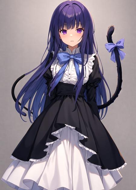 masterpiece, best quality, (rock background:1.3), grey sky, dark background,  facing us, outdoors, frederica bernkastel, hands behind your back, 1girl, tail, solo, purple eyes, dress, long hair, blue hair, bow, kneehighs, frills,  cat tail  <lora:Frederica Bernkastel anyloraCheckpoint8ep26ryes40-000006:0.7>, ,,,,,,