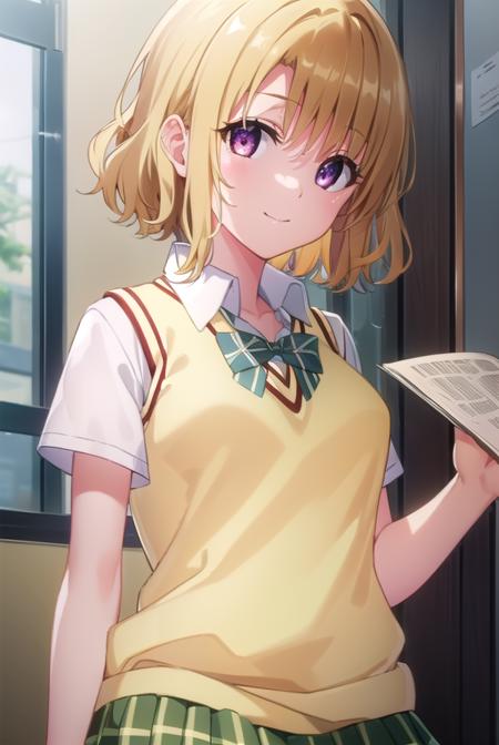 risamomioka, <lora:risa momioka darkness-lora-nochekaiser:1>,
risa momioka, short hair, blonde hair, wavy hair, (parted bangs:1.5), (purple eyes:1.1), smile,
BREAK green skirt, plaid, plaid skirt, sainan high school uniform, school uniform, skirt, sweater vest, thighhighs, (yellow sweater:1.5), short sleeves, bow, green bow,
BREAK indoors, classroom,
BREAK looking at viewer, (cowboy shot:1.5),
BREAK <lyco:GoodHands-beta2:1>, (masterpiece:1.2), best quality, high resolution, unity 8k wallpaper, (illustration:0.8), (beautiful detailed eyes:1.6), extremely detailed face, perfect lighting, extremely detailed CG, (perfect hands, perfect anatomy),