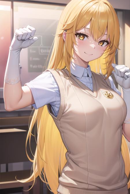 misakishokuhou, <lora:misakishokuhou-lora-nochekaiser:1>, 
misaki shokuhou, blonde hair, hair between eyes, long hair, (symbol-shaped pupils:1.5), (yellow eyes:1.5), (medium breasts:1.2), <lora:smirkingeye_v100:1>, <lora:smirkingmouth_v100:1>, smile,
BREAK elbow gloves, gloves, school uniform, short sleeves, summer uniform, sweater vest, tokiwadai school uniform, white gloves, (light brown sweater vest:1.2),
BREAK looking at viewer, upper body, full body,
BREAK indoors, classroom,
BREAK <lora:GoodHands-vanilla:1>, (masterpiece:1.2), best quality, high resolution, unity 8k wallpaper, (illustration:0.8), (beautiful detailed eyes:1.6), extremely detailed face, perfect lighting, extremely detailed CG, (perfect hands, perfect anatomy),