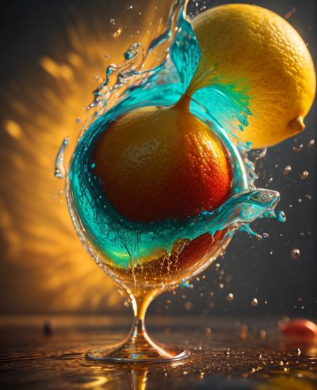 A perfect abstract, photorealistic, Food lemon , LIQUID SPLASH, 3D BEEPLE STYLE, 8 k, 32 k, HDR, realistic, liquid splashes, merging, melting, splashing, droplets, mixing, fading away, exploding, swirling, intricate detail, modelshoot style, dreamlikeart, dramatic lighting. 8k, highly detailed, trending artstation, Slpash