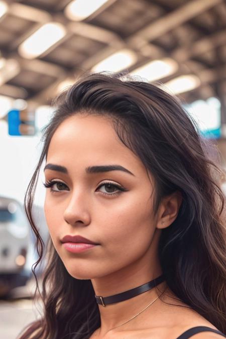 valkyrae half body photo of, young woman at train station, freckles, makeup, Kodak Ultra Max, 85mm, shot on iphone 7, dslr,  high quality, photorealistic, raw, 4k  <lora:valkyrae_v_portrait:0.7>