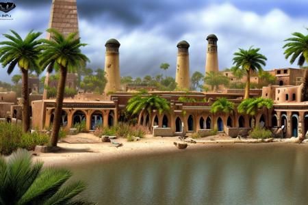 (masterpiece:1.2), (best quality,:1.2), 8k, HDR, ultra detailed, ((photorealistic)), professional light, cinematic lighting,ambient lighting,<lora:detail_slider_v4:2>, OverallDetail, a small town in ancient Egypt, by a river with a boat in the water and palm trees in the foreground and a building with a tower, Stygia, <lora:Stygia-10:1>, epiCPhoto