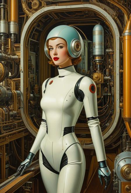 High-angle shot full length oil painting, etching, robot girl retro science fiction pinup girl, wearing a spacesuit , narrow waist, narrow hips, surreal perspective, unusual architecture, robot skin, vintage background, short curly tousled hair, lipstick, eye liner, great legs, hyperdetailed, fine line details, antique art fantasy, viewed from above,