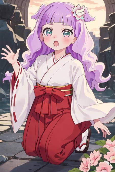 best quality, masterpiece, highres, solo, {white kimono:1.35}, {red hakama:1.35}, {wide sleeves:1.20}, {eruchiyan_hirogaruskyprecure:1.15}, purple_hair, bangs, hair_ornament, green_eyes, blunt_bangs, open_mouth, blush, pink_hair, long_hair, multiple_girls, 2girls, hair_flower