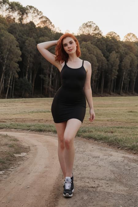 <lora:EvyDodl-000001:0.8> sweaty, cute girl, photograph, evydodl, 1girl, redhair, (slender body), (wearing makeup), (wearing a bodycon dress), ((half-length portrait)), standing pose, outdoors, detailed skin, perfect composition, High Detail, absurdres, perfect lighting.<lora:lcm-lora-sdv1-5:1.0><lora:lcm-lora-sdv1-5:1.0>