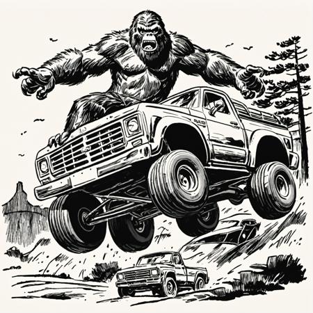 vintage clipart ink drawing of Bigfoot Monster Truck jumping over a car, black and white, inked outlines  <lora:VOLK_Vintage_Clipart:1.1>