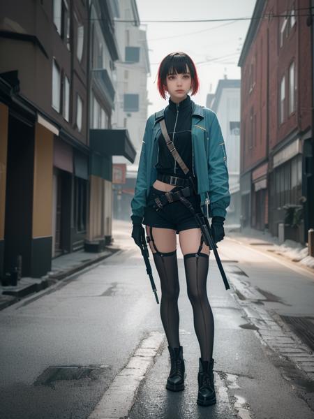 1girl, weapon, solo, thighhighs, gun, holding weapon, holding, holding gun, shorts, gloves, grey background, jacket, full body, black footwear, black gloves, black shorts, green thighhighs, standing, red hair, simple background, belt, boots, short hair, bangs, black jacket, blunt bangs, open clothes, short shorts, closed mouth, medium hair, pouch, open jacket,  in the middle of the street, in the middle of the street is bathed in a light blue, by ivan aivazovsky and andreas gursky and gursky and alma tadema and ernst haeckel and andrei gaudi, hyperrealistic, volumetric light, octane render