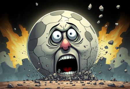 moon: large, anthropomorphic, cracked surface, exaggerated facial features  
moon expression: shocked, exaggerated wide-eyed look, mouth agape in a comedic reaction  
moon details: visible damage from explosion, cartoonishly crumbling with pieces flying off  
moon position: central to the scene, dominating the upper portion of the composition  
interaction: actively reacting to the explosion, visually tied to the chaotic motion around it