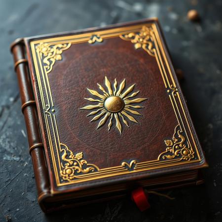 Brown medieval book with gold, grey background, cover, sun emblem, laying on a table