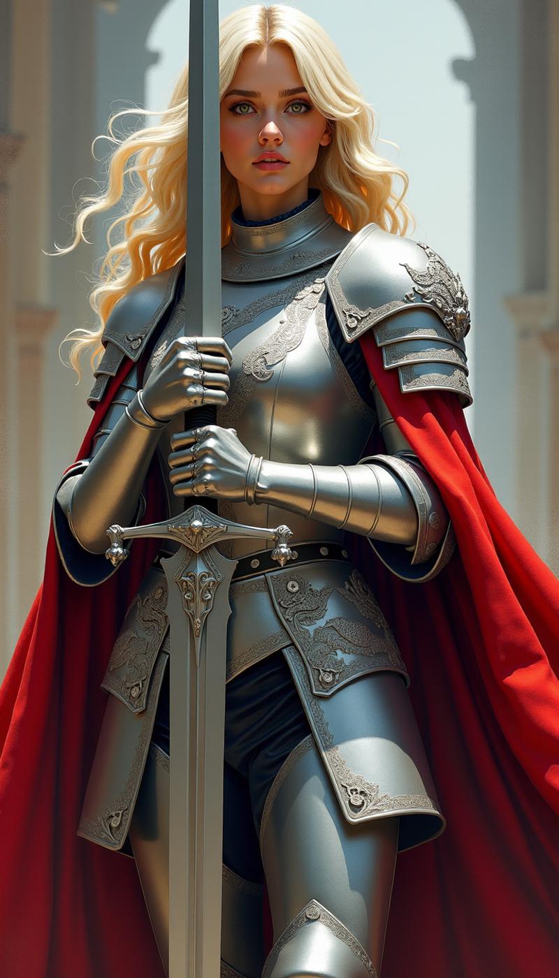 A strikingly elegant female knight, clad in silver armor and wielding a massive greatsword. The detailing on her armor glistens in the sunlight, showcasing intricate engravings of mythical creatures. Her piercing gaze exudes confidence and determination, contrasting beautifully with her flowing crimson cape billowing in the wind. This vivid and dynamic scene is captured in a breathtaking painting, emphasizing the warrior's grace and strength in perfect harmony.
<lora:EpicF4nta5yXL:0.6>, <lora:CinematicStyle_v1:0.8>, <lora:DetailMaximizer:0.7>