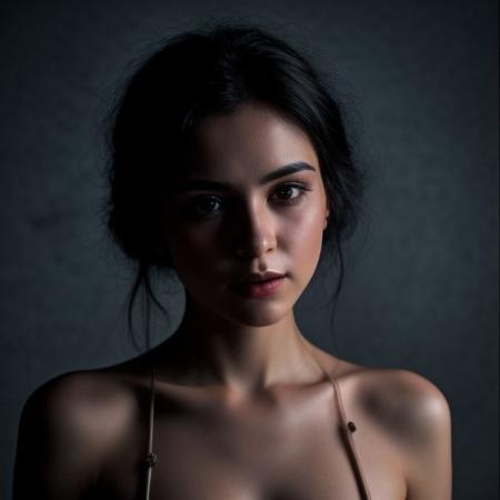 low key, studio set, perfect drawn face, very beautiful intensive eyes, wearing only a very classical oldschool nightdress, she performs a very emotional and passionate expression dance, young very petite naturally beautiful woman, only minimal makeup, long black hair,