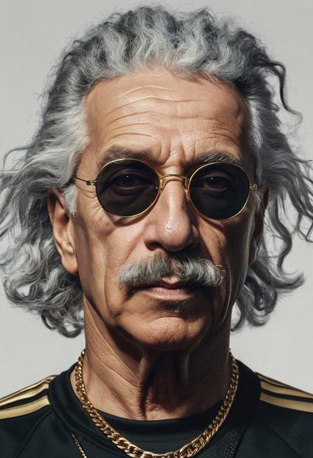 closeup portrait of Albert Einstein with him wearing a black Adidas style tracksuit and gold chains and Rayban style sunglasses, serious look, moody, highly detailed, high contrast, white background