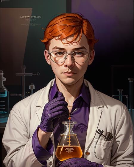 (masterpiece), (extremely intricate), (((photorealistic photo of a boy scientist, orange hair, glasses))), (((purple gloves, closed white lab-coat, intricate details on clothing))), (perfect composition:1.4), ((laboratory background)), deviantart hd, artstation hd, concept art, detailed face and body, award-winning photography, margins, detailed face, professional oil painting by Ed Blinkey, Atey Ghailan, Jeremy Mann, Greg Manchess, Alex Gray, trending on ArtStation, trending on CGSociety, intricate, high detail, sharp focus, dramatic, award winning matte drawing cinematic lighting octane render unreal engine volumetrics dtx <lora:dextr95_V12:0.5>