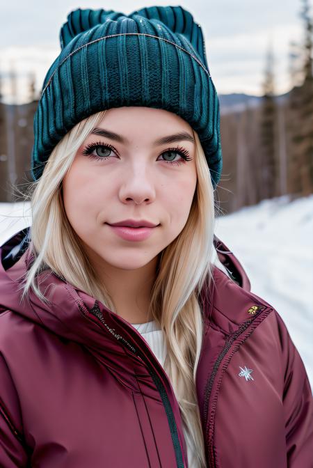 photo of (Maj1j3j01-1200:0.99), a woman, RAW, closeup portrait photo, (winter jacket:1.2),(knitted hat), (high detailed skin:1.2), 8k uhd, dslr, soft lighting, high quality, film grain, Fujifilm XT3 sharp focus, f 5.6