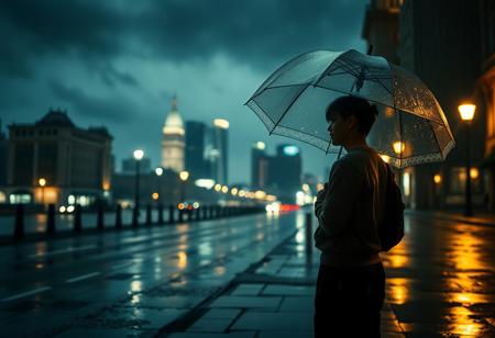 detailxl Photograph Taken on Nikon D750, Alphonse Mucha, 8K, athletic figure, Hyperdetailed, hyperrealism, Attractive,
A dimly lit, rainy street at night, with soft streetlights casting a faint glow. In the foreground, a person stands alone under an umbrella, their figure slightly blurred, symbolizing fading memories. The city behind them is empty and distant, with reflections of lights on the wet pavement. The sky is cloudy, with faint stars barely visible, adding a sense of loneliness and melancholy. A soft, fading spark in the background symbolizes the lost hope and emotions fading away. The overall color palette should be cool tones, with shades of blue, gray, and a touch of warm amber from the streetlights.