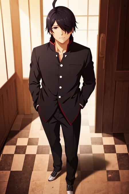 masterpiece,bestquality,ultra-detailed,Cinematic Lighting,llustration,masterpiece, best quality, araragi koyomi, solo, school uniform, 1boy, male focus, black hair, naoetsu high school uniform, hair over one eye, ahoge, perspective, checkered floor, gakuran, hand on own head, shoes, from above, looking at viewer, standing, skatesrealistic and detailed clothes, fine fabric emphasis, photorealistic, (extremely detailed), detailed hair, best resolution, best quality, best resolution, best quality, (Masterpiece), extremely detailed face, Original Character, perfect lighting, best colors, colorful, beautiful, fine detail, ultra high resolution, Natural Volumetric Lighting And Best Shadows, Deep Depth Of Field, (Highest Quality, Amazing Details:1.4),  <lora:Koyomi Araragi:0.7>