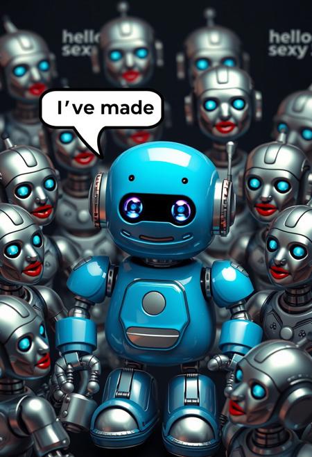 Little civitai robot surrounded by scammer bots. The civitai robot is blue made of metal with a friendly appearance and rounded shapes. It says in a text bubble "I've made it". The scammer bots around the robots are metal floating robot heads with heavy makeup and red lipstick, they all talk in text bubbles that say "hello sexy"