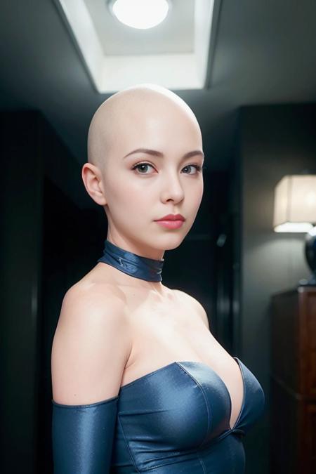 (baldie_hairstyle:1.3),woman posing for a photo, wearing elegant, blue dress,
good hand,4k, high-res, masterpiece, best quality, head:1.3,((Hasselblad photography)), finely detailed skin, sharp focus, (cinematic lighting), night, soft lighting, dynamic angle, [:(detailed face:1.2):0.2],(((futuristic city))),     <lora:baldie_hairstyle:0.5>