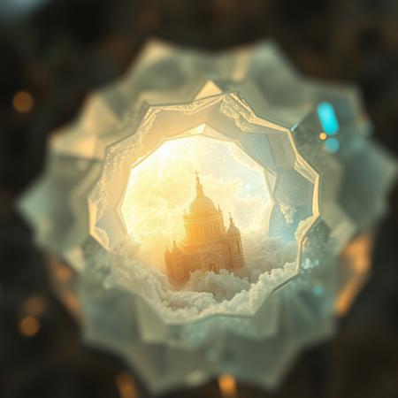 A cinematic extreme macro view plunging into the core of a mystical gemstone, revealing an impossible, surreal landscape within its facets. A miniature, forgotten nebula of soft, swirling stardust glows with an ethereal, dreamy light, illuminating crystalline structures like lost architecture. Mysterious, soft god rays pierce through a gentle haze, creating an atmosphere of profound and silent wonder, as if looking into a captured dream.