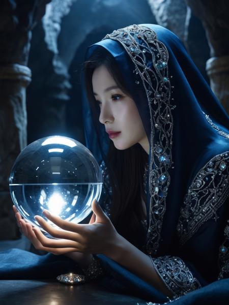 Masterpiece, 8K, Photorealistic, perfect, ,realistic, Skin Textures, High Resolution, stunning beautiful,mafanshu woman,jewelry,earrings,as A mysterious oracle shrouded in veils, gazing into a crystal ball , ,  <lora:mafanshu_ej_JuggXL_1-000020:0.6>in A cavern of mirrored walls reflects an endless abyss, its floor a mosaic of glowing stones shimmering in the dark. Zentangle patterns in silver and midnight blue weave through the scene, creating a delicate yet chaotic form of beauty.