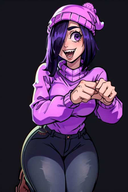 1girl, solo, breasts, smile, open mouth, simple background, hat, white background, purple eyes, purple hair, teeth, pants, hair over one eye, sweater, blood, turtleneck, thick thighs, black pants, denim, sharp teeth, jeans, blood on face, turtleneck sweater, beanie, pink headwear, pink sweater, purple sweater <lora:stephanie:0.8> full body, standing pose