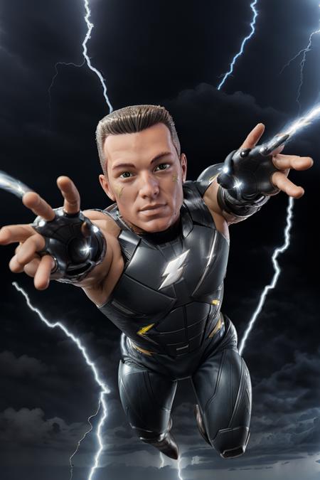 upper body, <lora:Buzz:1> Buzz as a superhero, futuristic, black hi-tech armored suit, (large lightning bolt logo on chest:1.2), facing viewer, lightning shoots from his hands