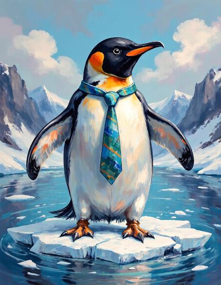 ssf_4bstr4ct painting of a penguin wearing a necktie standing on an ice floe, cool colors
