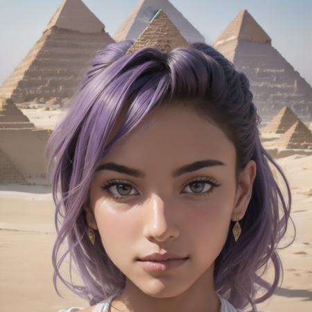 Lavender Cotton Egyptian Galabeya , perfect face, with an intricate pyramid and desert background