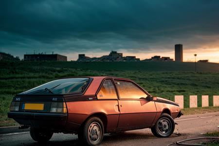 analog gloomy photo of a red Renault Fuego car, <lora:fu3g0:1>, (crashing other cars in a race to the death in the city (at night)), urban street ruins in the background, apocalyptic war, fire in the back, (nighttime), High Detail, Sharp focus, ((photorealism)), flares, realistic, best quality, 8k, award winning, dramatic lighting, epic, cinematic, masterpiece, depth of field