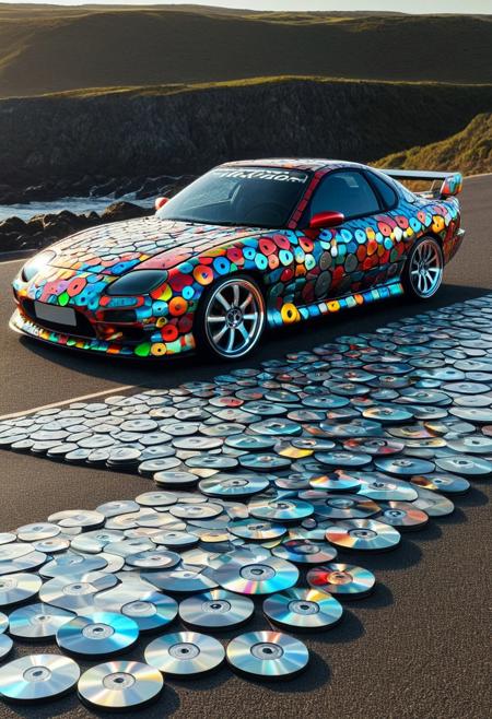 a mazda rx7 car made of cd's, detailed and intricate, colorful, on a coast road