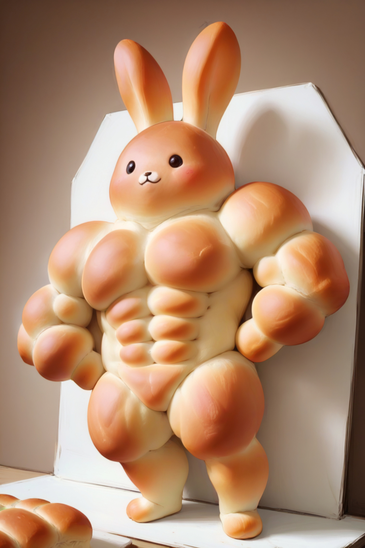 A Bunny Rabbit carved out of bread with muscles.