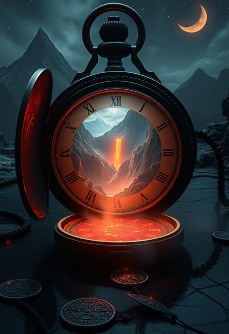 Imagine a surreal, top-down scene with a close-up of an enormous ancient pocket watch standing upright, its cover open to reveal a magical portal within. This portal offers a glimpse into a breathtaking landscape where towering mountains loom over a cascading volcano, its lava winding through burned forests. The edges of the pocket watch are adorned with glowing runes and vines, pulsing with soft light against an obsidian floor. The scene is bathed in a dreamlike, mystical glow from a crescent moon and twinkling stars, creating an otherworldly atmosphere. The reflective obsidian surface mirrors the glowing runes and the distant portal light, enhancing the sense of depth. The color palette features deep reds and blues, adding to the fantastical quality, with reflective volumetric lighting and raytracing contributing to the scene's depth and realism. The overall mood is dark and low-key, evoking a sense of adventure and wonder, as if the viewer is drawn into a hidden realm within the clock's ancient mechanisms, where magic and mystery await.