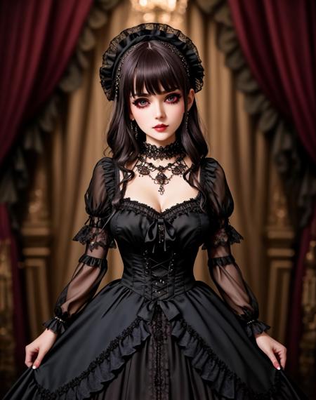 Masterpiece, absurdres,HDR ,highly detailed eyes and face,GothGal, a woman in a black ballgown posing for a picture, frills, lace ,short sleeves, choker, lace gloves,necklace, woman wearing a GothGal outfit, wearing a ballgown,  <lora:ballgownGoth:0.7>