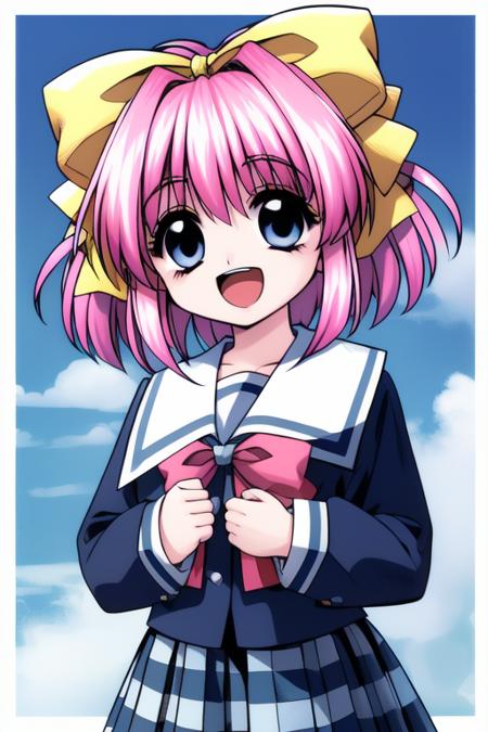 <lora:Akumu95_AoiKajitsunoSange:0.8>,akumu, 1girl, solo, pink hair, blue eyes, short hair, open mouth, bow, looking at viewer, school uniform, long sleeves, hair bow, upper body, bangs, sailor collar, child, chibi,
school uniform,   long sleeves,  blue_sky, school, cowboy Shot, plaid, smile, 
1990s \(style\), masterpiece, high quality, very_high_resolution, large_filesize, full color,