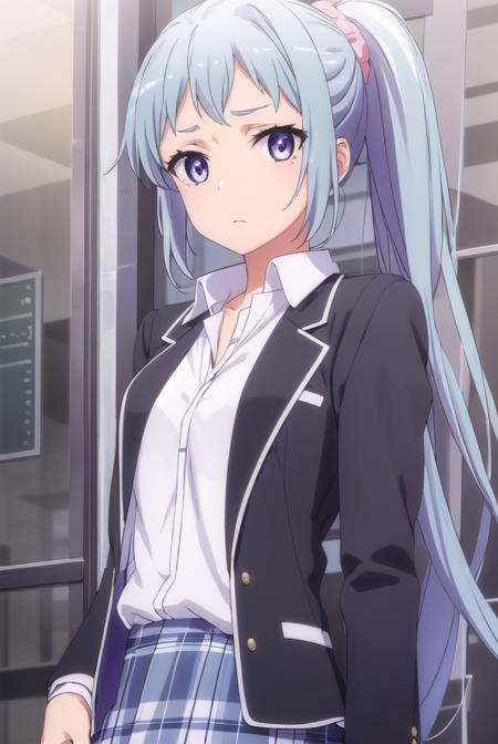 sakikawasaki, <lora:saki kawasaki s2s3-lora-nochekaiser:1>,
saki kawasaki, long hair, hair ornament, blue hair, (purple eyes:1.1), ponytail, mole, mole under eye, scrunchie, hair scrunchie, pink scrunchie,
BREAK skirt, ribbon, school uniform, jacket, black jacket, plaid, plaid skirt, blazer, sobu high school uniform,
BREAK indoors, classroom,
BREAK looking at viewer, (cowboy shot:1.5),
BREAK <lyco:GoodHands-beta2:1>, (masterpiece:1.2), best quality, high resolution, unity 8k wallpaper, (illustration:0.8), (beautiful detailed eyes:1.6), extremely detailed face, perfect lighting, extremely detailed CG, (perfect hands, perfect anatomy),