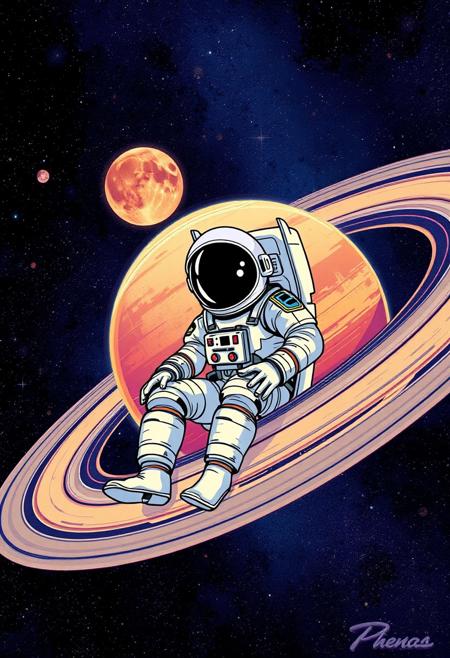 Illustration of an astronaut sitting in saturn´s rings, the cosmos is behind him, sci-fi, colourfull palette
