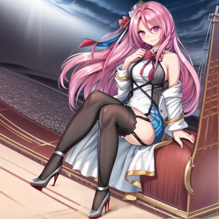 Lexington,pink hair, long hair, streaked hair, jacket, long dress, ribbon, thighhighs, garter straps, high heels, 