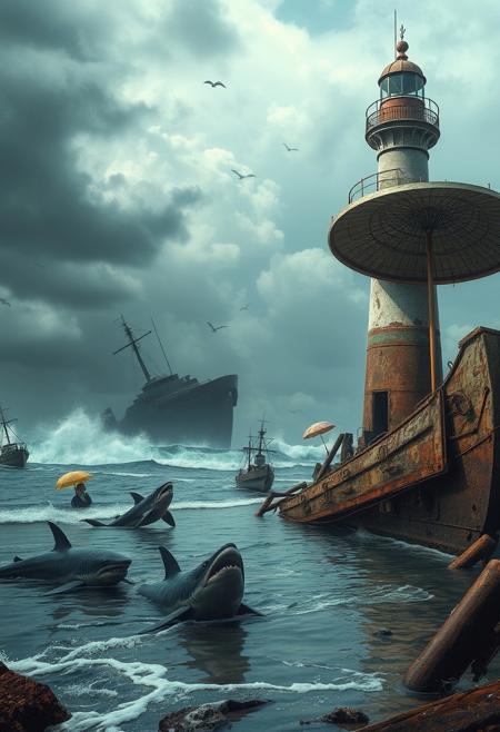 surreal scene, broken lighthouse, warship wreck, humanoid sculpture, sharks in shallow water, umbrellas, distorted reality, (dreamlike:1.3), detailed sky, ocean waves, rusted metal, decayed environment, dramatic lighting, high resolution, photorealism, artistic composition, (eerie atmosphere:1.2), intricate details, (blurry:-1.1), (ugly:-1.3), (cartoonish:-1.1), (low quality:-1.1), (lowres:-1.1), (bad anatomy:-1.1), (poorly rendered:-1.1), (overexposed:-1.1), (flat colors:-1.1), (noisy:-1.1), (disjointed elements:-1.1), (bad composition:-1.3), (unbalanced:-1.1)