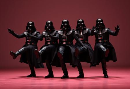 A line of 8 Darth Vaders arm in arm dancing like The Rockettes. High kicks.