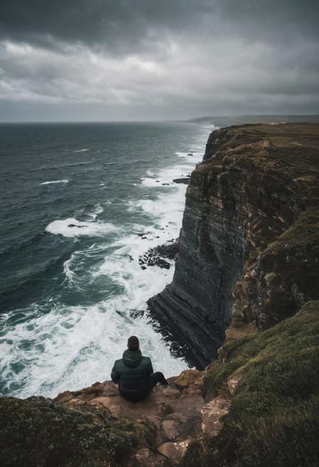 A lone figure sits on the edge of a cliff, overlooking a turbulent sea, their back to the camera. The scene captured by the Sony A7IV with a 20mm G Master lens set at a wide aperture of F1.5 unfolds with haunting beauty, enveloped in a moody and melancholic atmosphere, dominated by the rich tones of atrovirens and stormy gray.