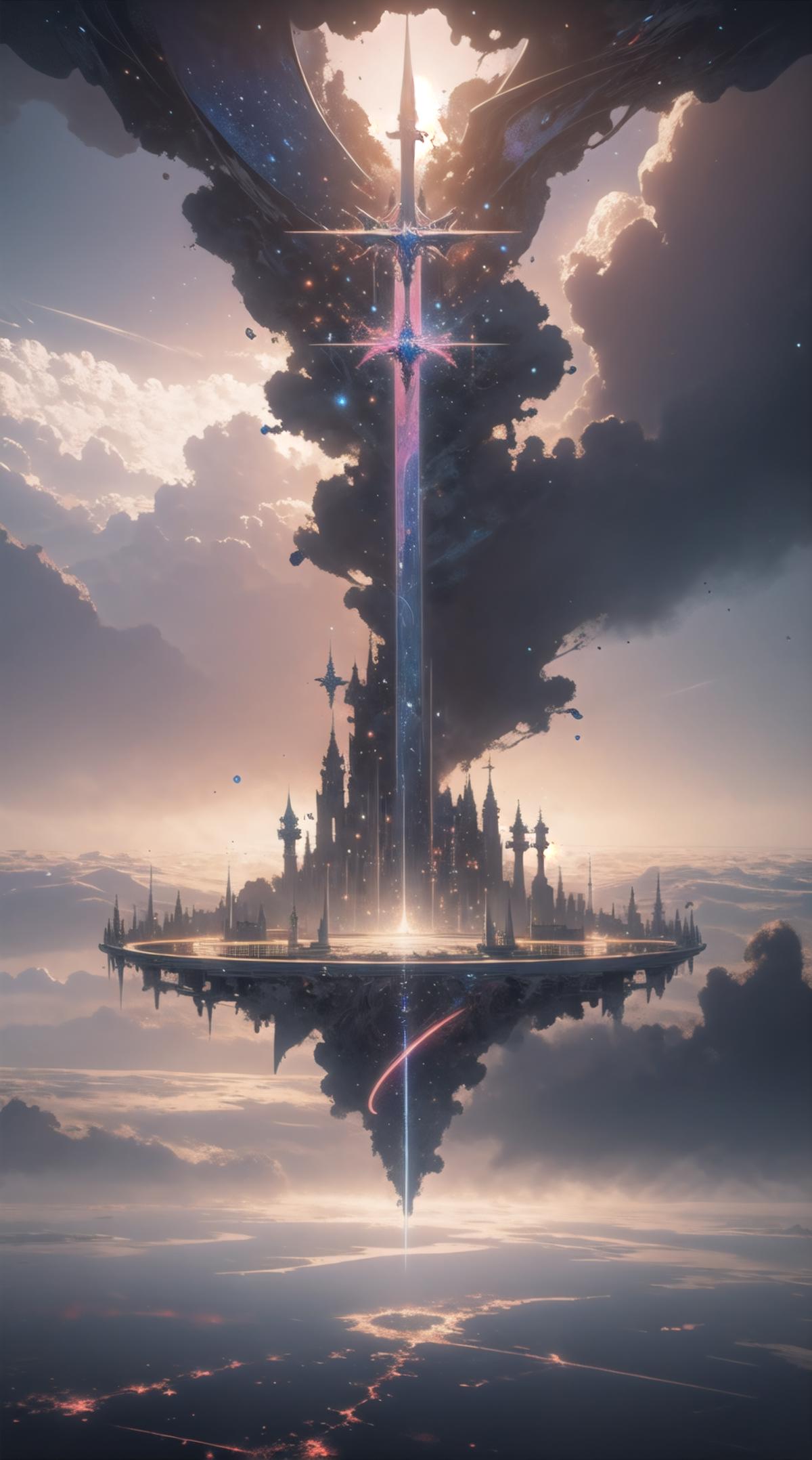 Fantasy Castle in the Sky with a Spire and a Light Beam