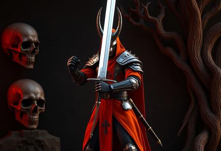 Cinematic fantasy scene.  Mystical Knight of Jackal costume, vibrant orange with red cross emblem, wielding a gleaming white sword. Dynamic pose, creative angle. Stands against a dark wall with an ancient skull (left) and gnarled tree (right). Impeccable composition, golden ratio. Hyperrealistic details on armor, intricate textures, sharp focus, precision rendering. Dramatic lighting creating deep contrast, vibrant colors, harmonious palette. Trending on Artstation, CGSociety. Octane render, Unreal Engine 5, 4K.